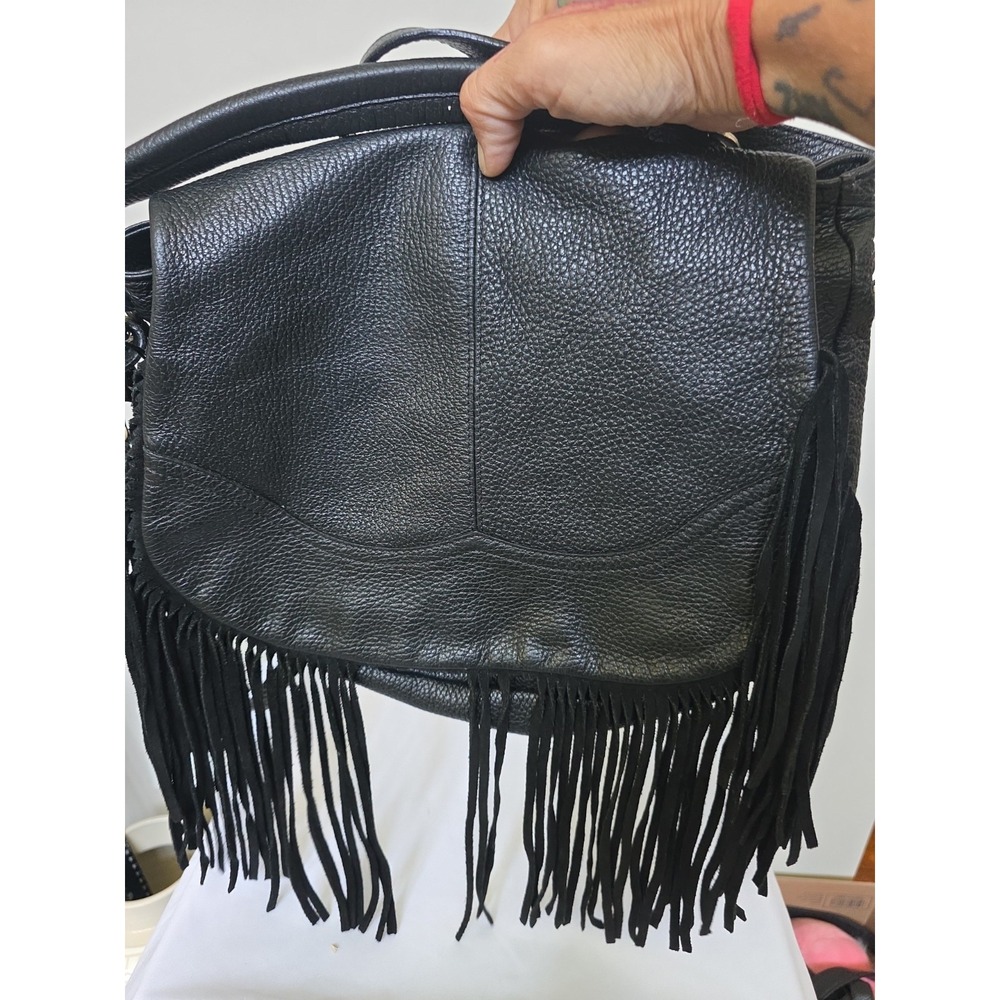 Claudia Firenze Black Leather Crossbody Bag Floral Fringe Italy Purse GUC BOHO